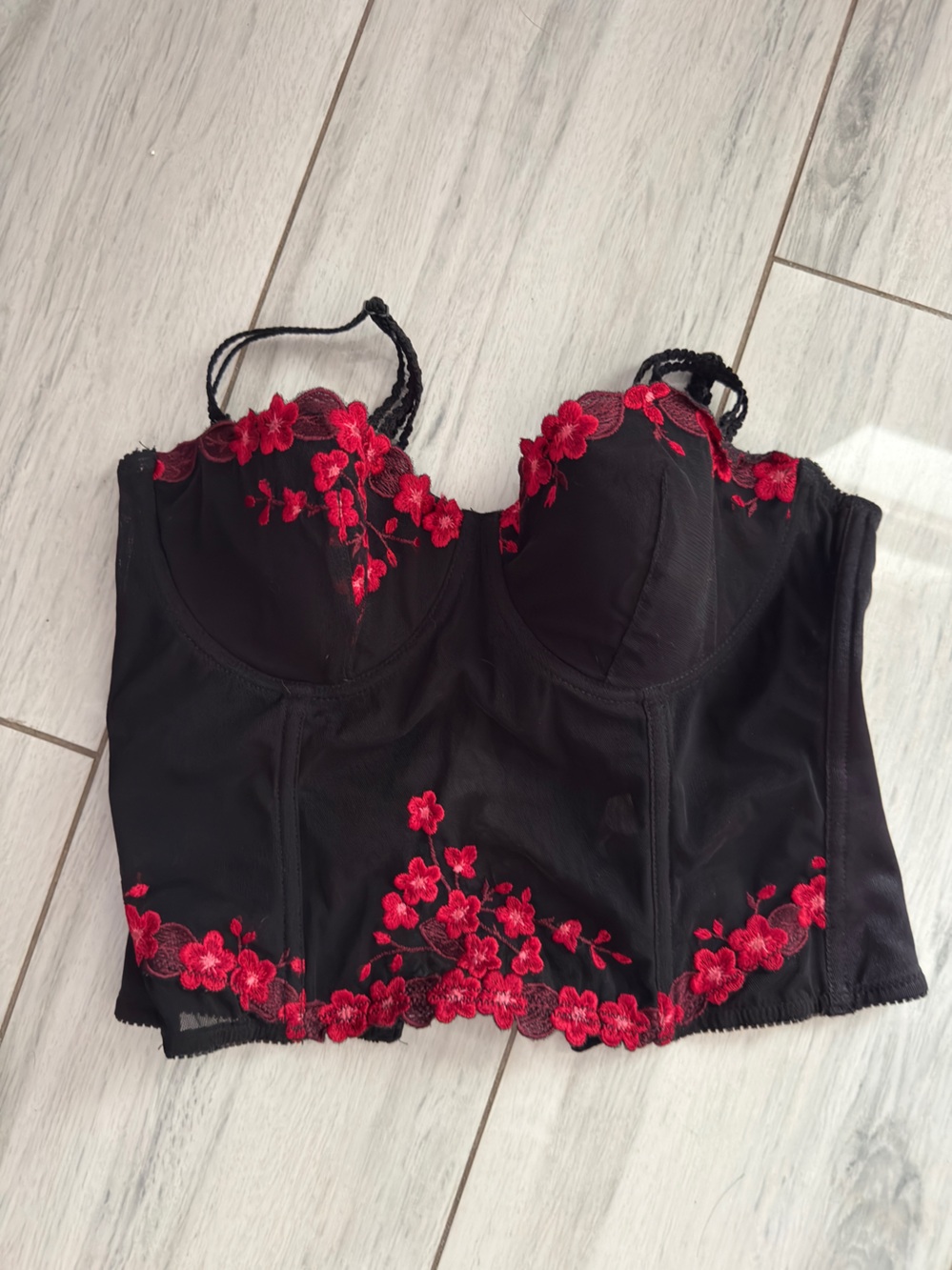 Vtg Eva Red  & Black Lace Embroidered Flowers Bustier Size 34b